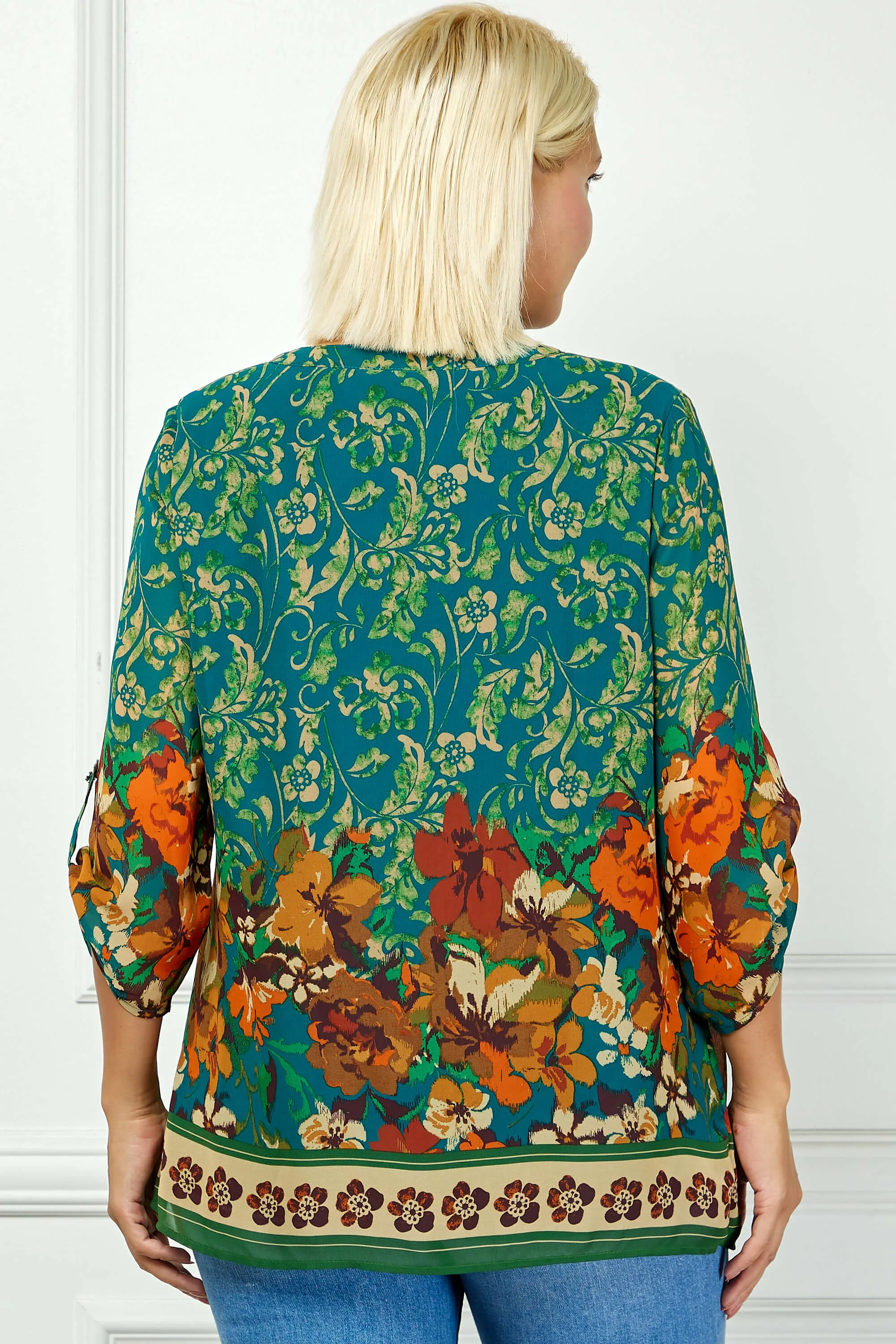 3/4 Tab Sleeve Mandarin Collar Print Blouse in Teal/Orange - Plus sold by Dress Barn product image thumbnail 4