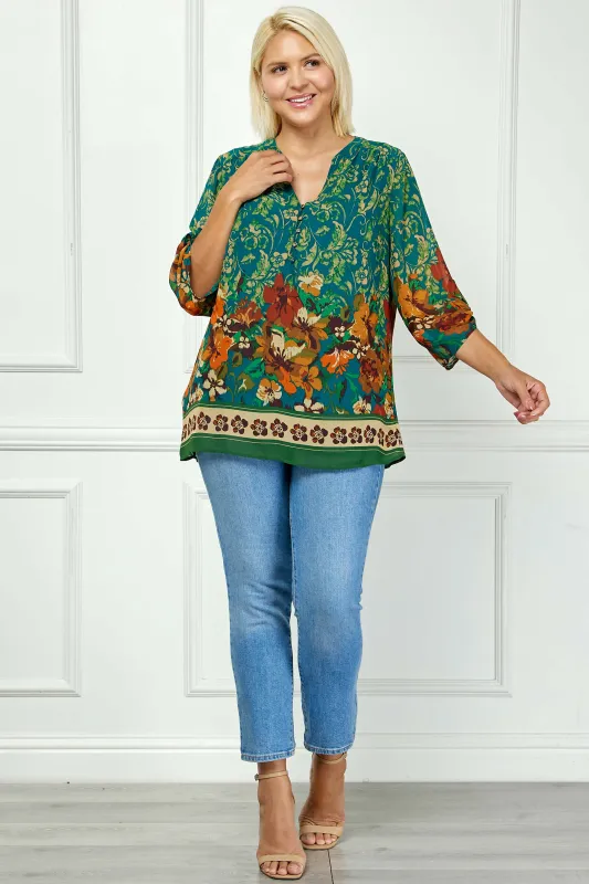 3/4 Tab Sleeve Mandarin Collar Print Blouse in Teal/Orange - Plus made by Dress Barn