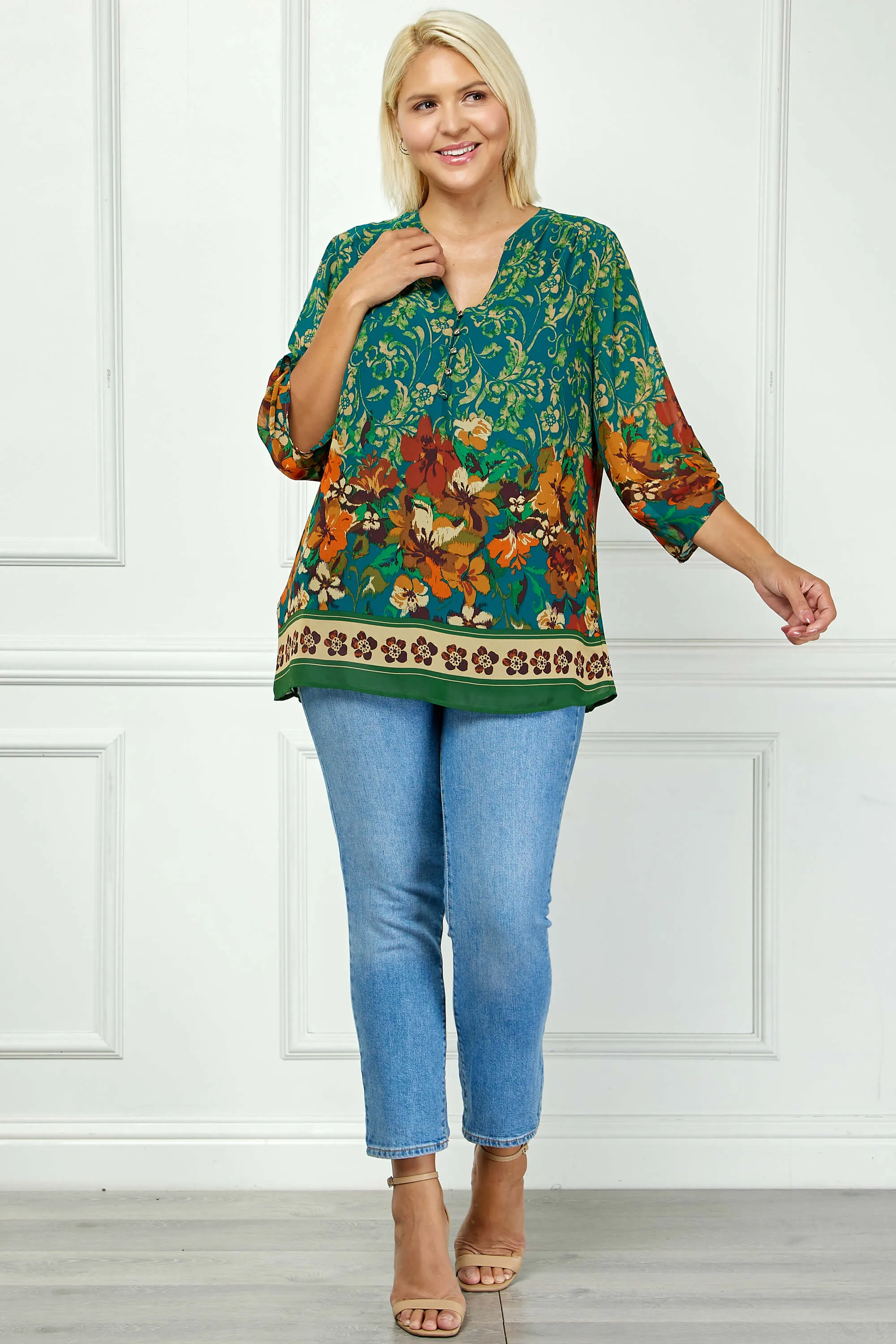 3/4 Tab Sleeve Mandarin Collar Print Blouse in Teal/Orange - Plus sold by Dress Barn