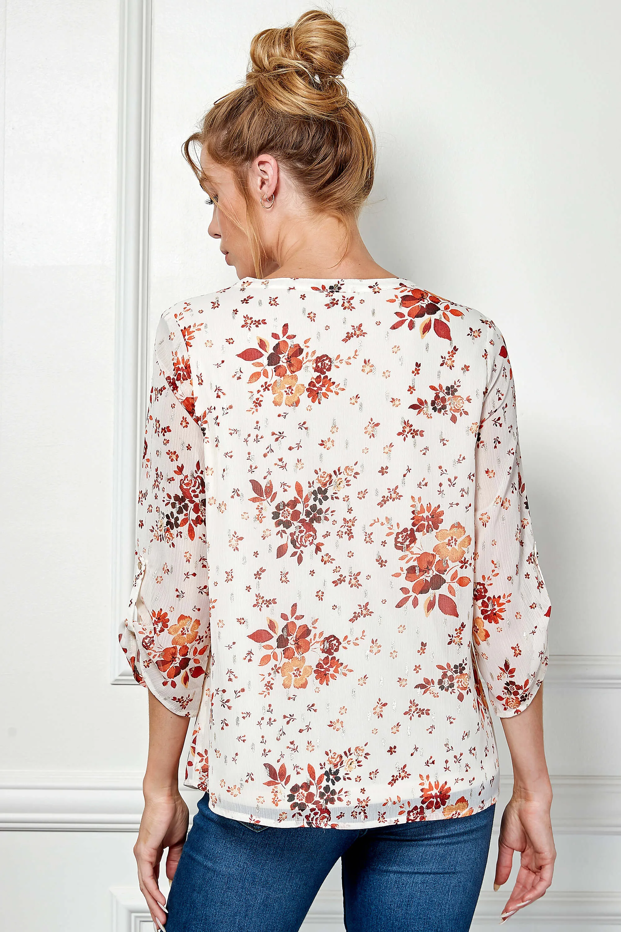 3/4 Tab Sleeve Mandarin Collar Popover Blouse in Ivory/Burgundy/Rust sold by Dress Barn product image thumbnail 4