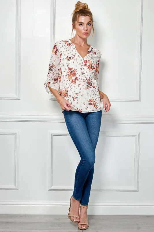3/4 Tab Sleeve Mandarin Collar Popover Blouse in Ivory/Burgundy/Rust made by Dress Barn