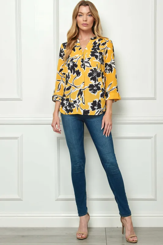 3/4 Tab Sleeve Mandarin Collar Blouse in Yellow/Ivory/Black made by Dress Barn
