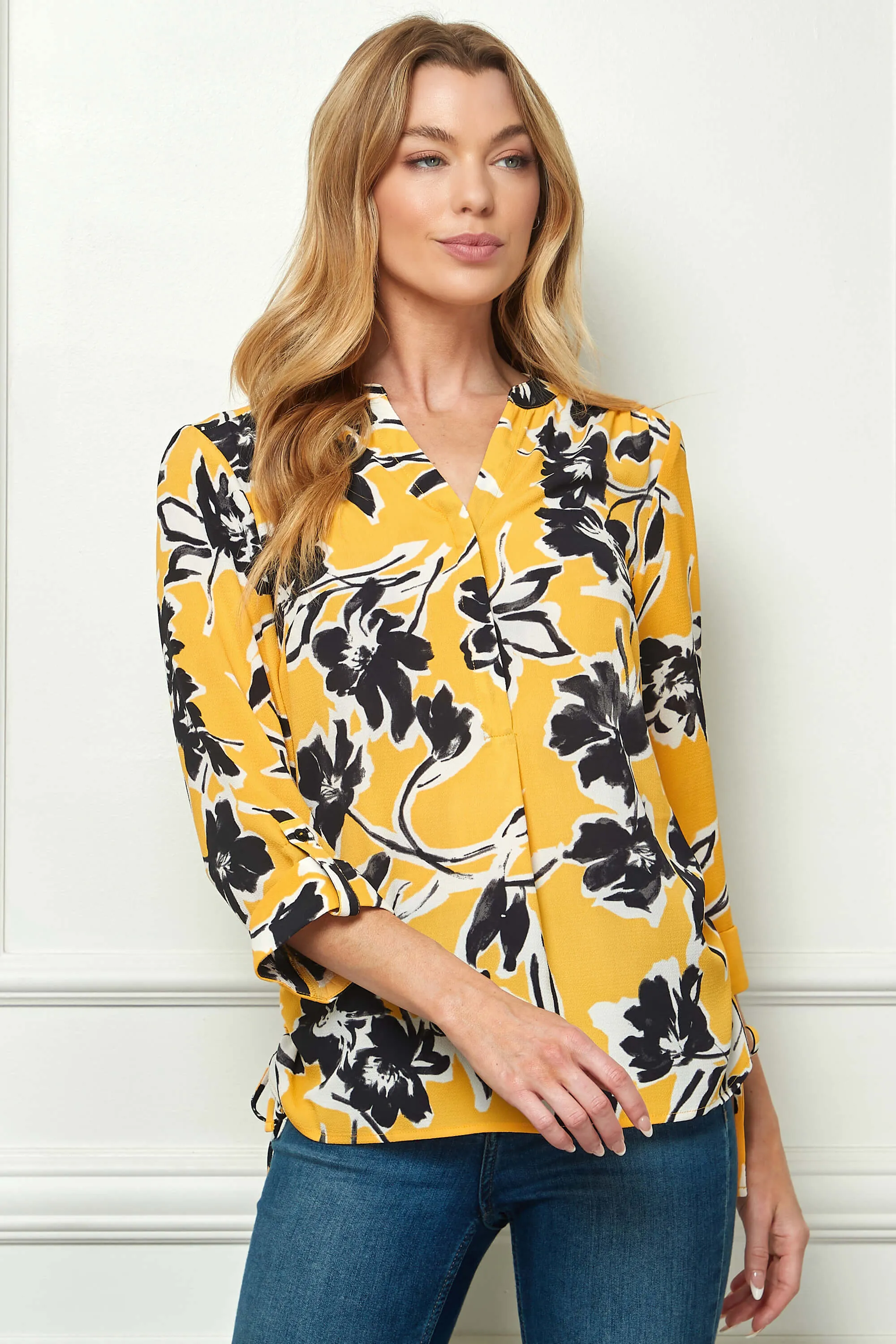 3/4 Tab Sleeve Mandarin Collar Blouse in Yellow/Ivory/Black sold by Dress Barn product image thumbnail 2