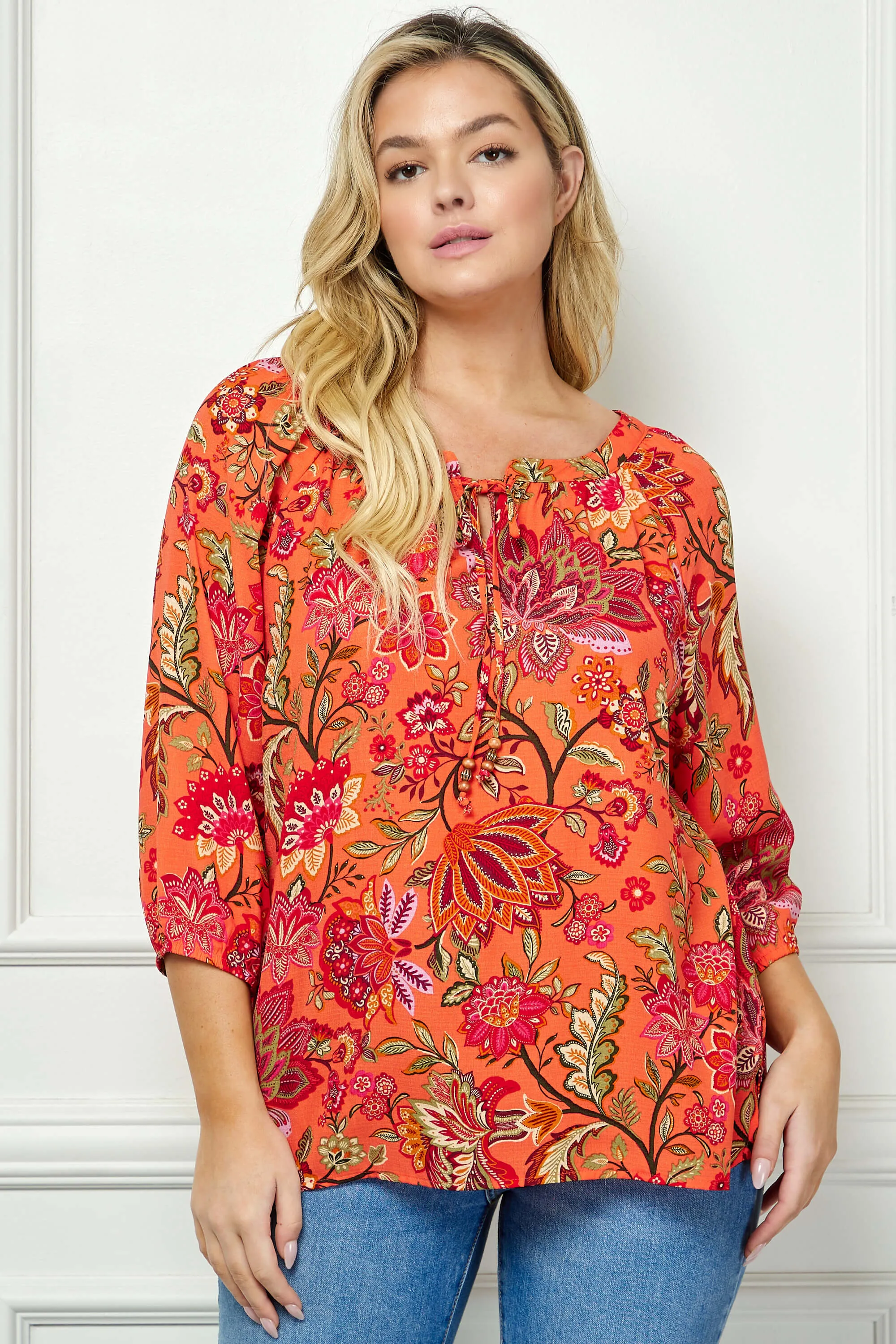 3/4 Sleeve Beaded Tie-Neck Blouse in Orange/Magenta/Olive - Plus sold by Dress Barn product image thumbnail 2
