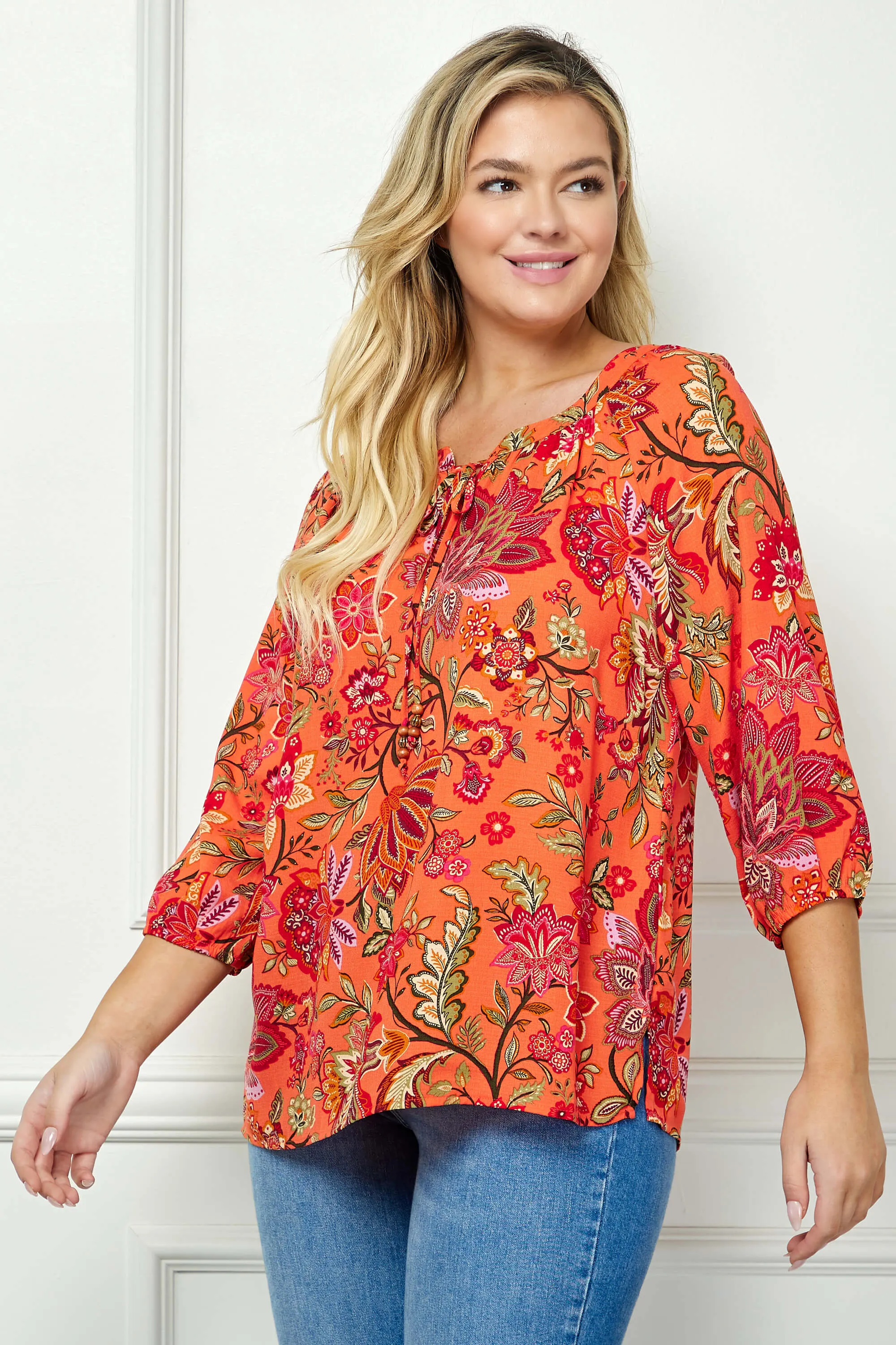 3/4 Sleeve Beaded Tie-Neck Blouse in Orange/Magenta/Olive - Plus sold by Dress Barn product image thumbnail 3
