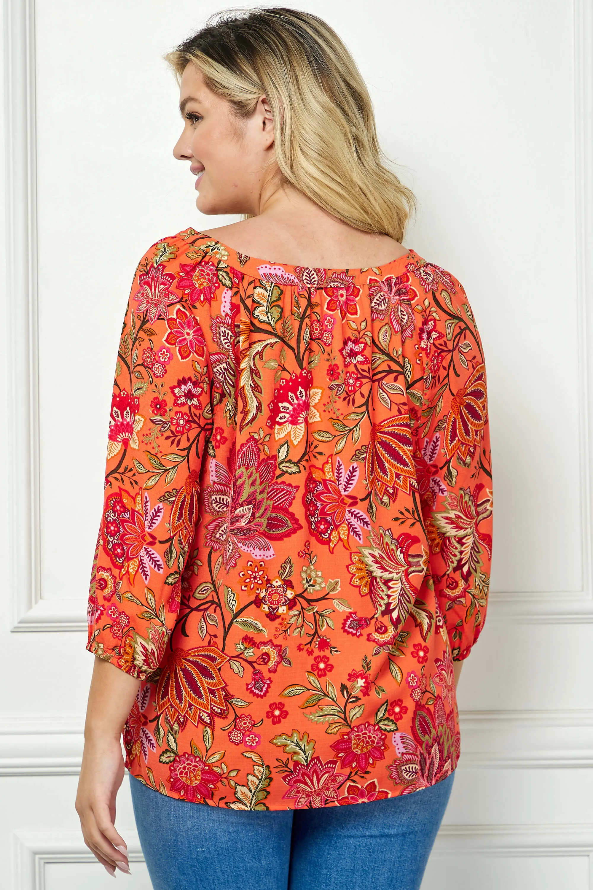 3/4 Sleeve Beaded Tie-Neck Blouse in Orange/Magenta/Olive - Plus sold by Dress Barn product image thumbnail 4