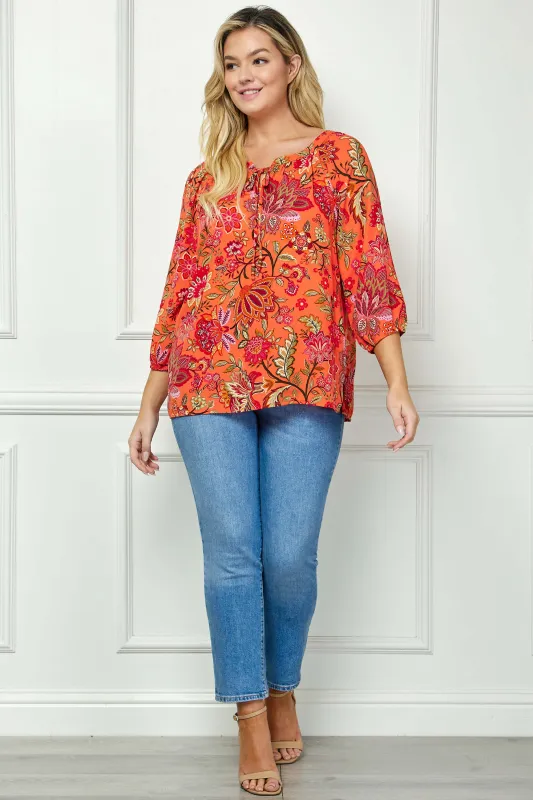 3/4 Sleeve Beaded Tie-Neck Blouse in Orange/Magenta/Olive - Plus made by Dress Barn