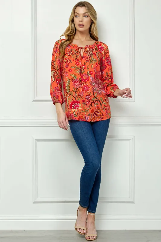 3/4 Sleeve Beaded Tie-Neck Blouse in Orange/Magenta/Olive made by Dress Barn