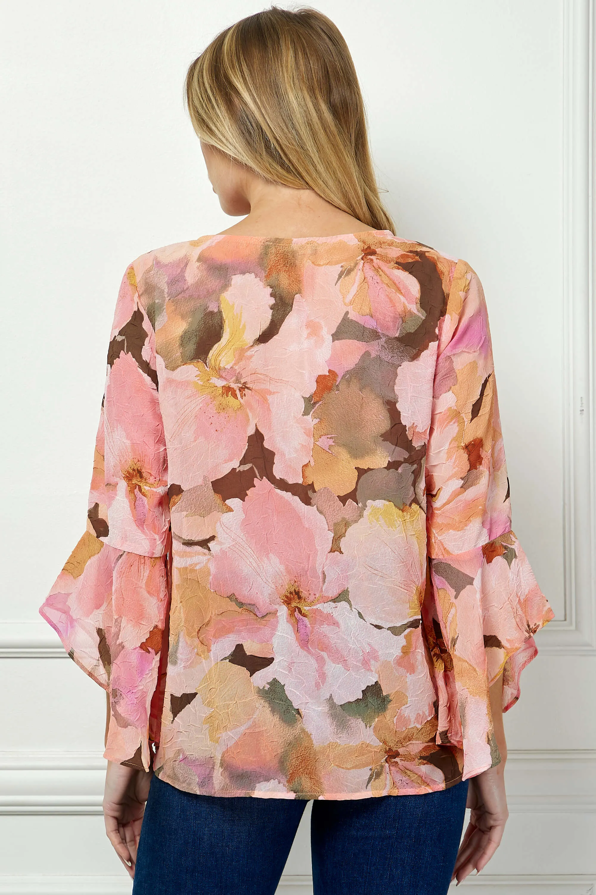 3/4 Ruffle Sleeve V-Neck Swing Blouse in Yellow/Peach/Brown sold by Dress Barn product image thumbnail 4