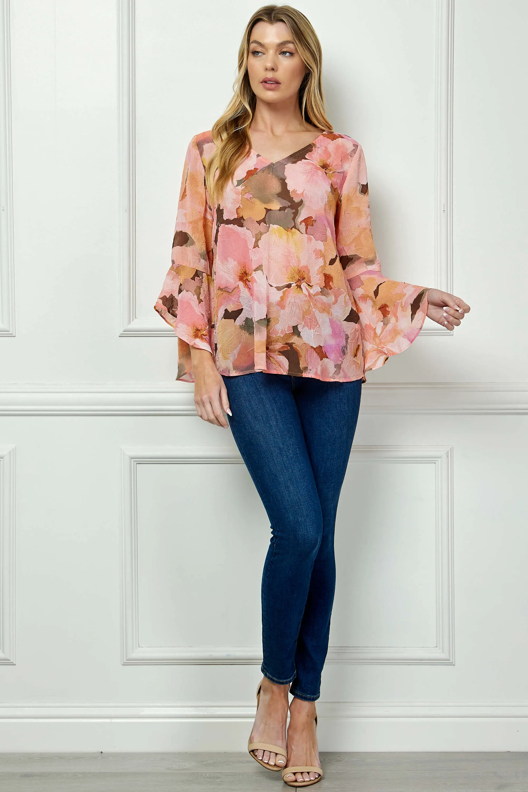 3/4 Ruffle Sleeve V-Neck Swing Blouse in Yellow/Peach/Brown sold by Dress Barn