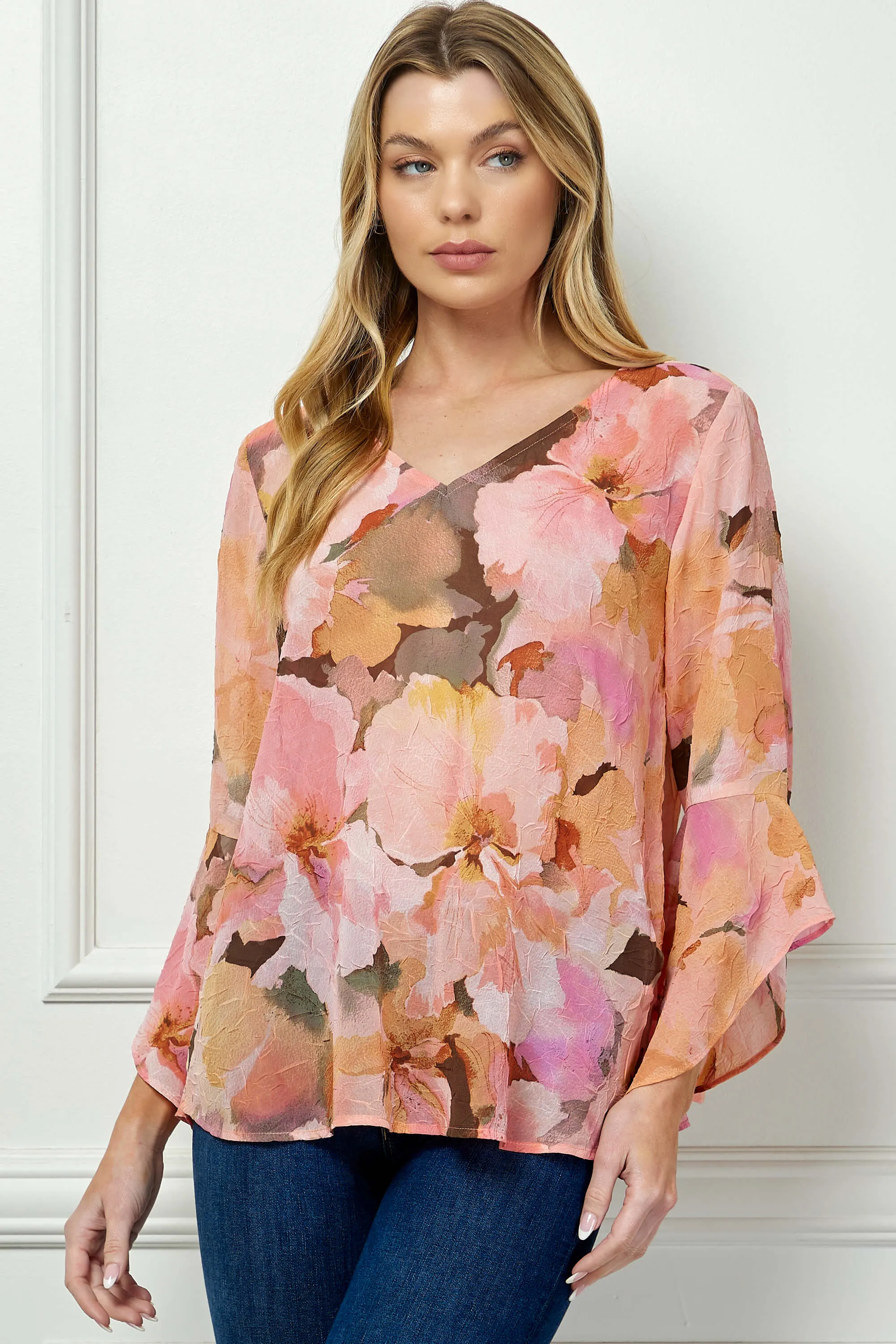 3/4 Ruffle Sleeve V-Neck Swing Blouse in Yellow/Peach/Brown sold by Dress Barn product image thumbnail 2