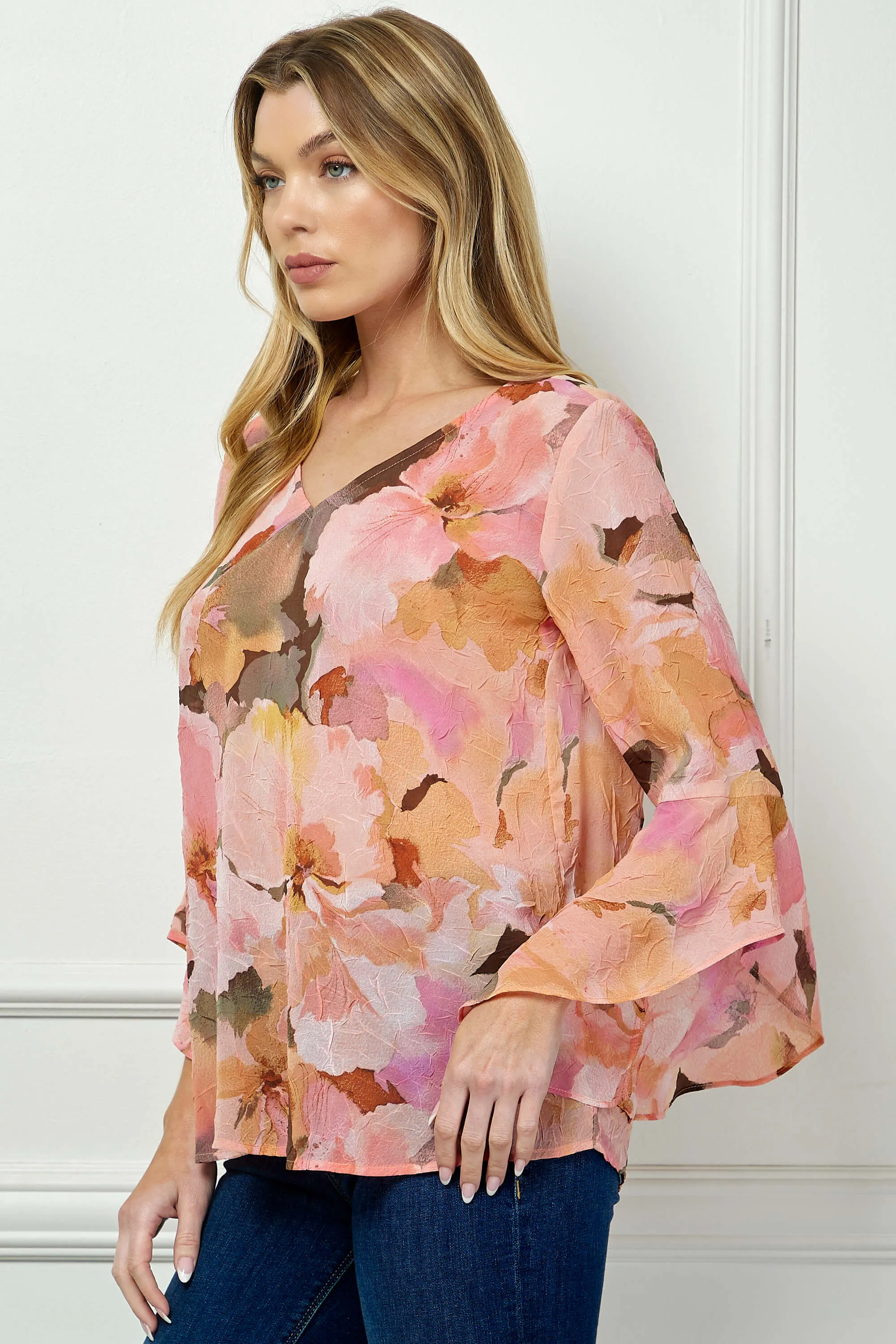 3/4 Ruffle Sleeve V-Neck Swing Blouse in Yellow/Peach/Brown sold by Dress Barn product image thumbnail 3