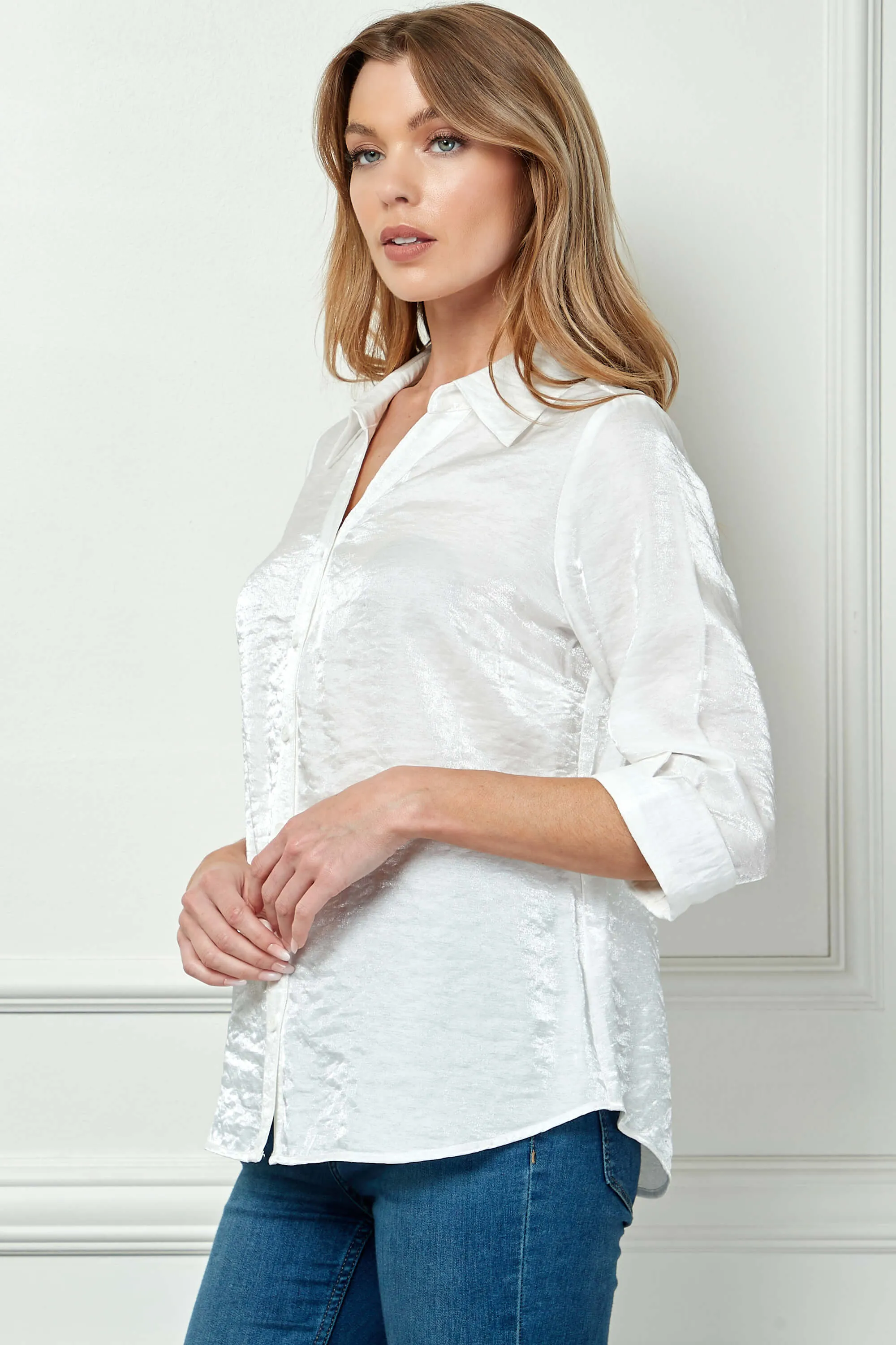 3/4 Notch Sleeve Button Front Spread Collar Blouse in White sold by Dress Barn product image thumbnail 3