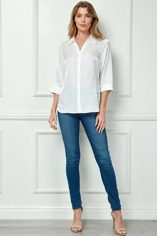 3/4 Notch Sleeve Button Front Spread Collar Blouse in White made by Dress Barn