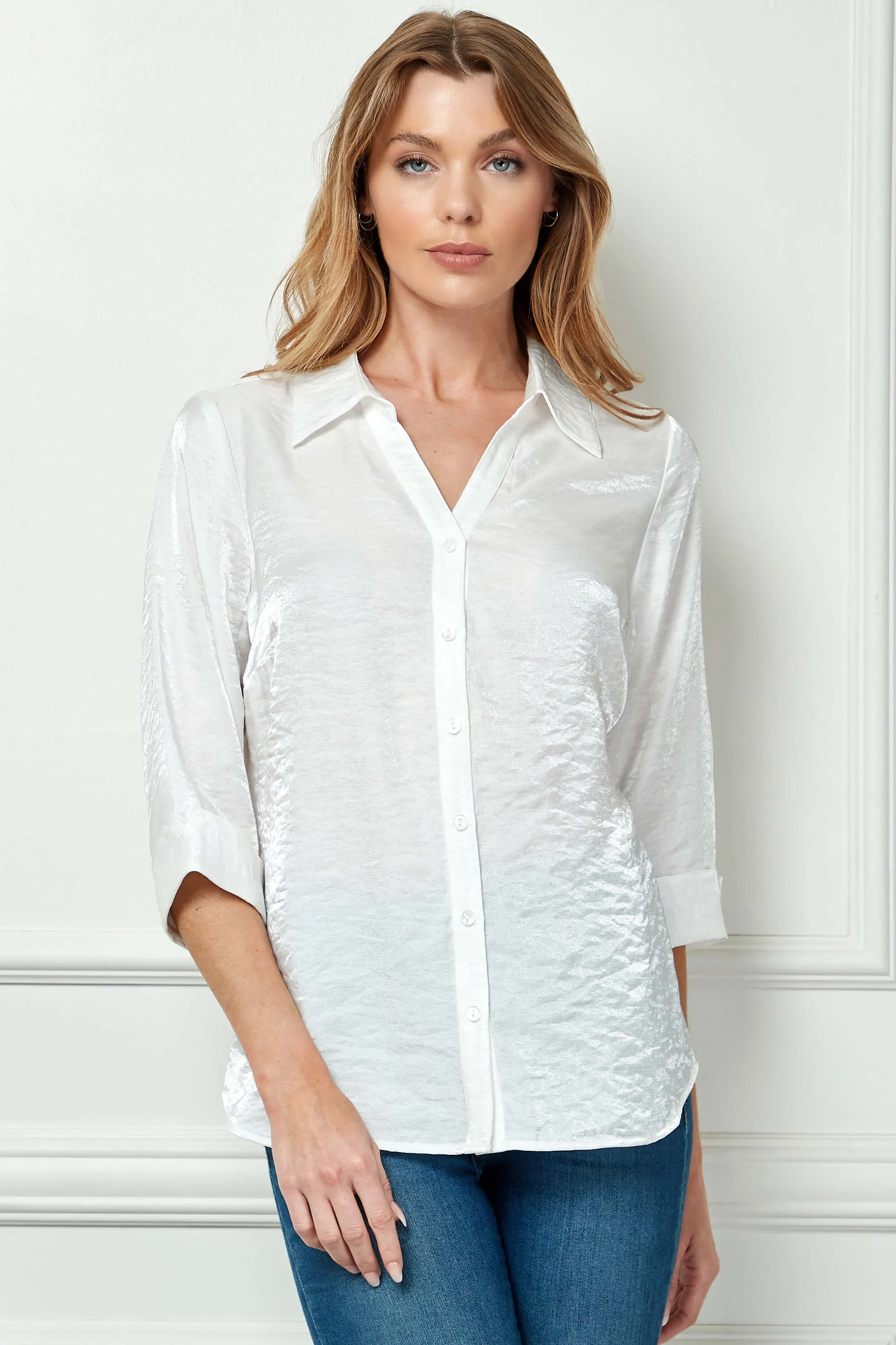 3/4 Notch Sleeve Button Front Spread Collar Blouse in White sold by Dress Barn product image thumbnail 2