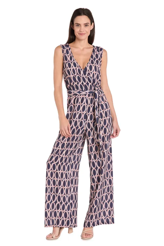 Printed Surplice Jumpsuit with Self Belt, Navy/Tan made by Dress Barn