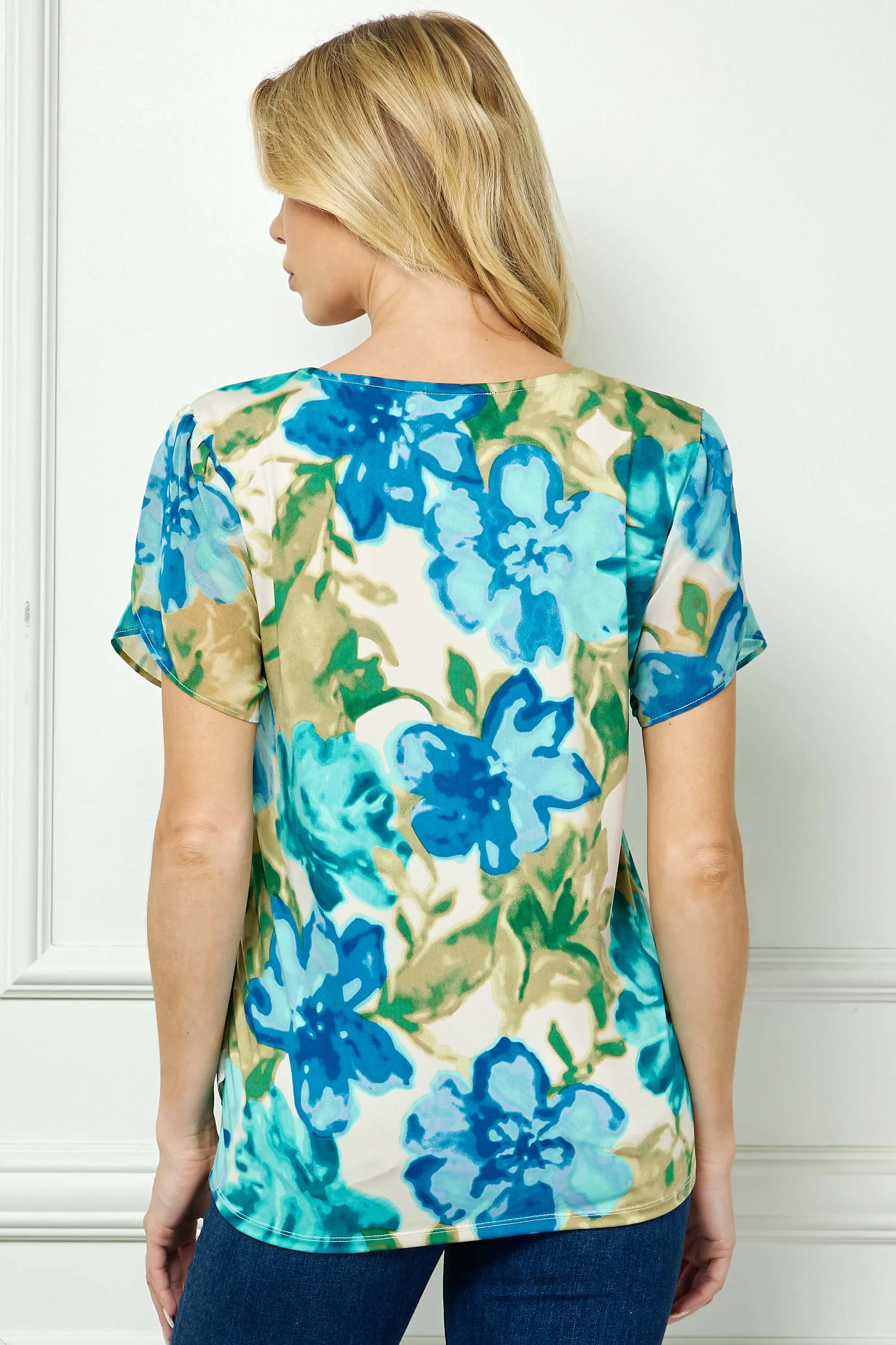 Tulip Sleeve V-Neck Layered Front Blouse in Tan/Jade/Blue sold by Dress Barn product image thumbnail 4