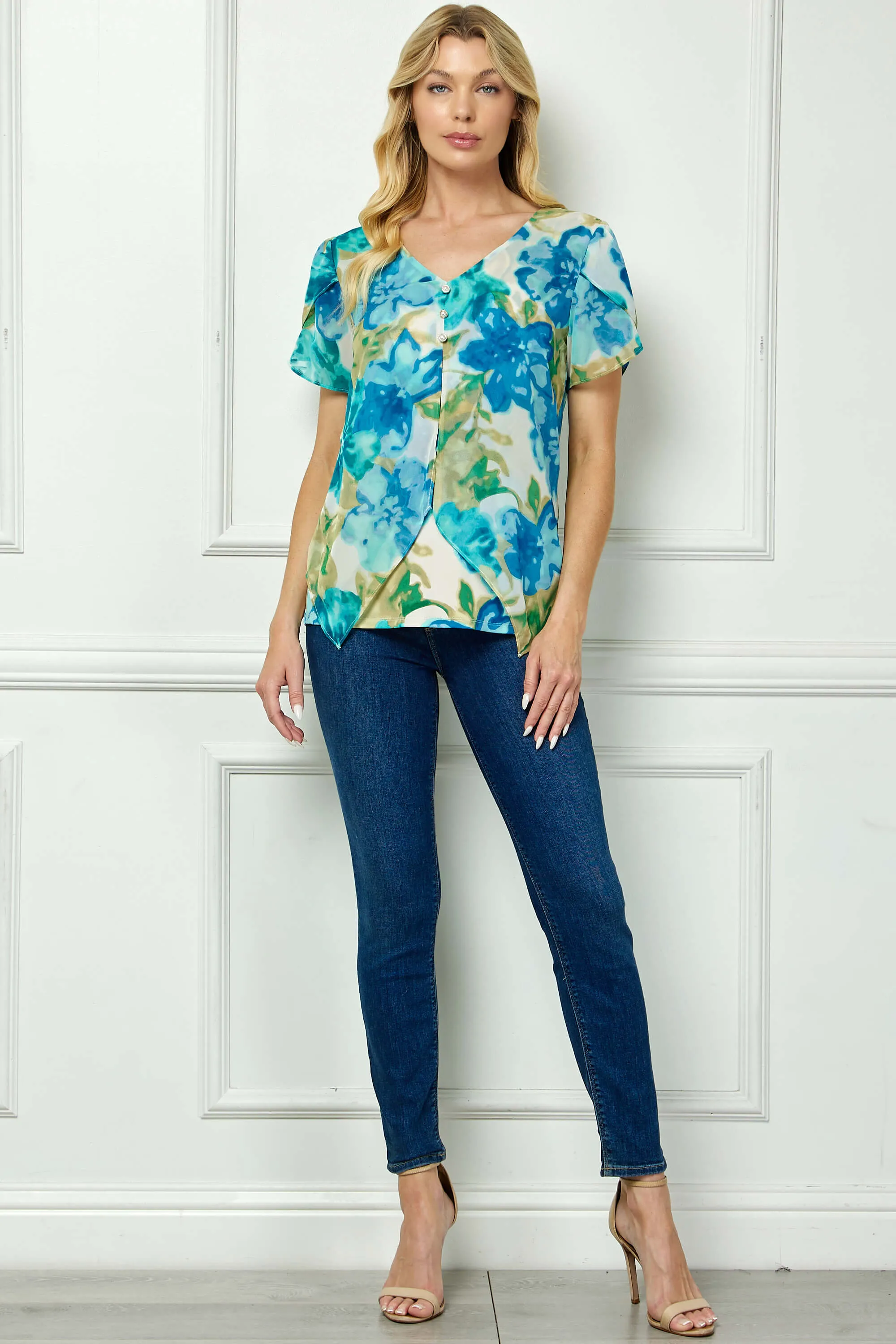 Tulip Sleeve V-Neck Layered Front Blouse in Tan/Jade/Blue sold by Dress Barn