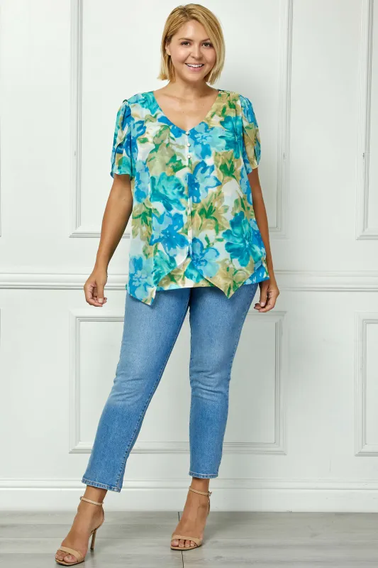 Tulip Sleeve V-Neck Layered Front Blouse in Tan/Jade/Blue - Plus made by Dress Barn
