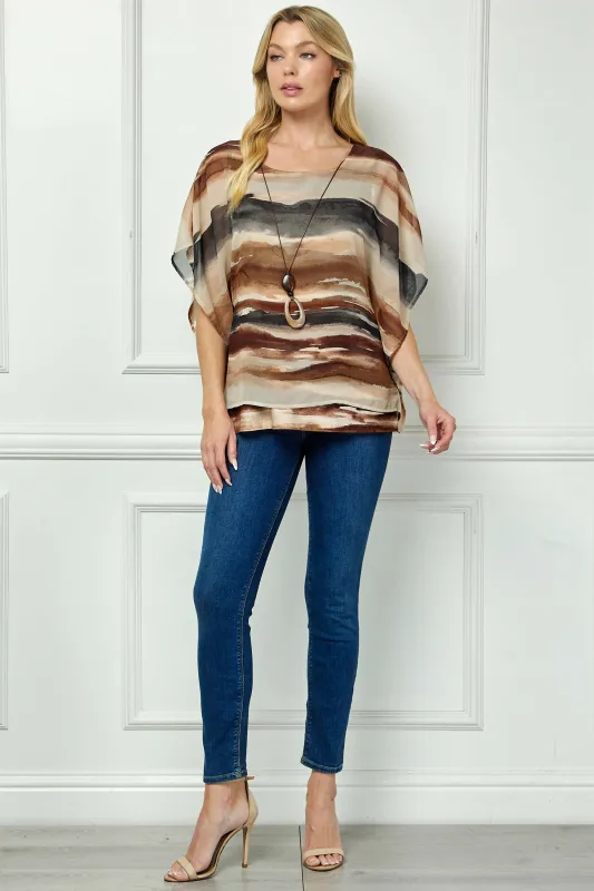Scoop Neck Poncho with Necklace in Brown/Tan/Black made by Dress Barn