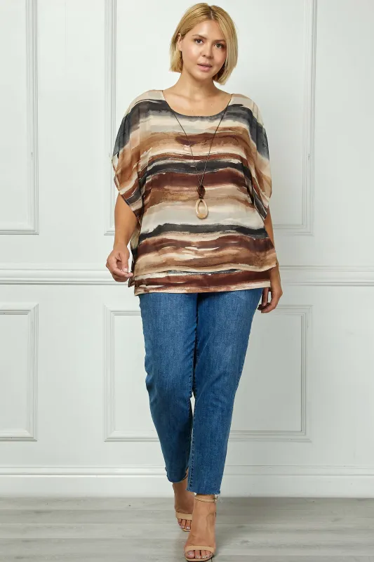 Scoop Neck Poncho with Necklace in Brown/Tan/Black - Plus made by Dress Barn