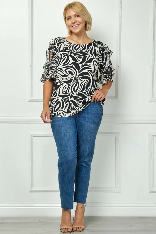 Ruffle Cold Shoulder Boat Neck Blouse in Cream/Black - Plus made by Dress Barn