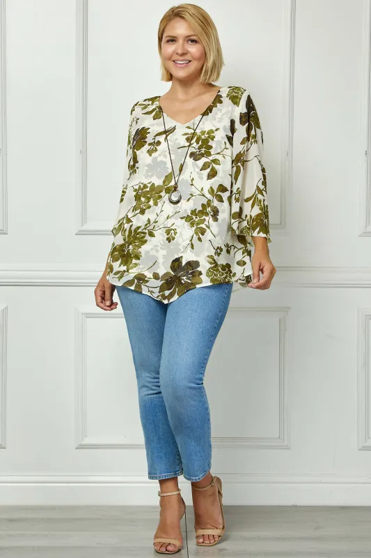 Hanky Sleeve V-Neck Poncho with Necklace in Ivory/Olive/Black - Plus made by Dress Barn
