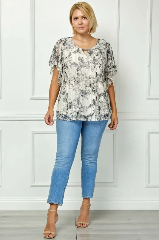 Flutter Sleeve Cutout Neck Blouse in Taupe/Black - Plus made by Dress Barn