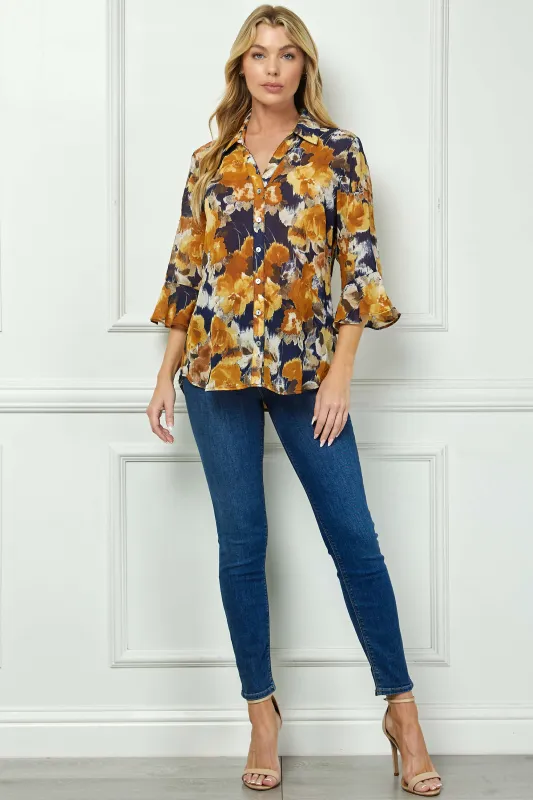 3/4 Ruffle Sleeve Swing Blouse in Navy/Gold made by Dress Barn