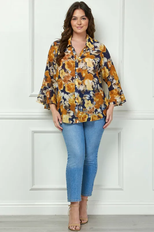 3/4 Ruffle Sleeve Swing Blouse in Navy/Gold - Plus made by Dress Barn