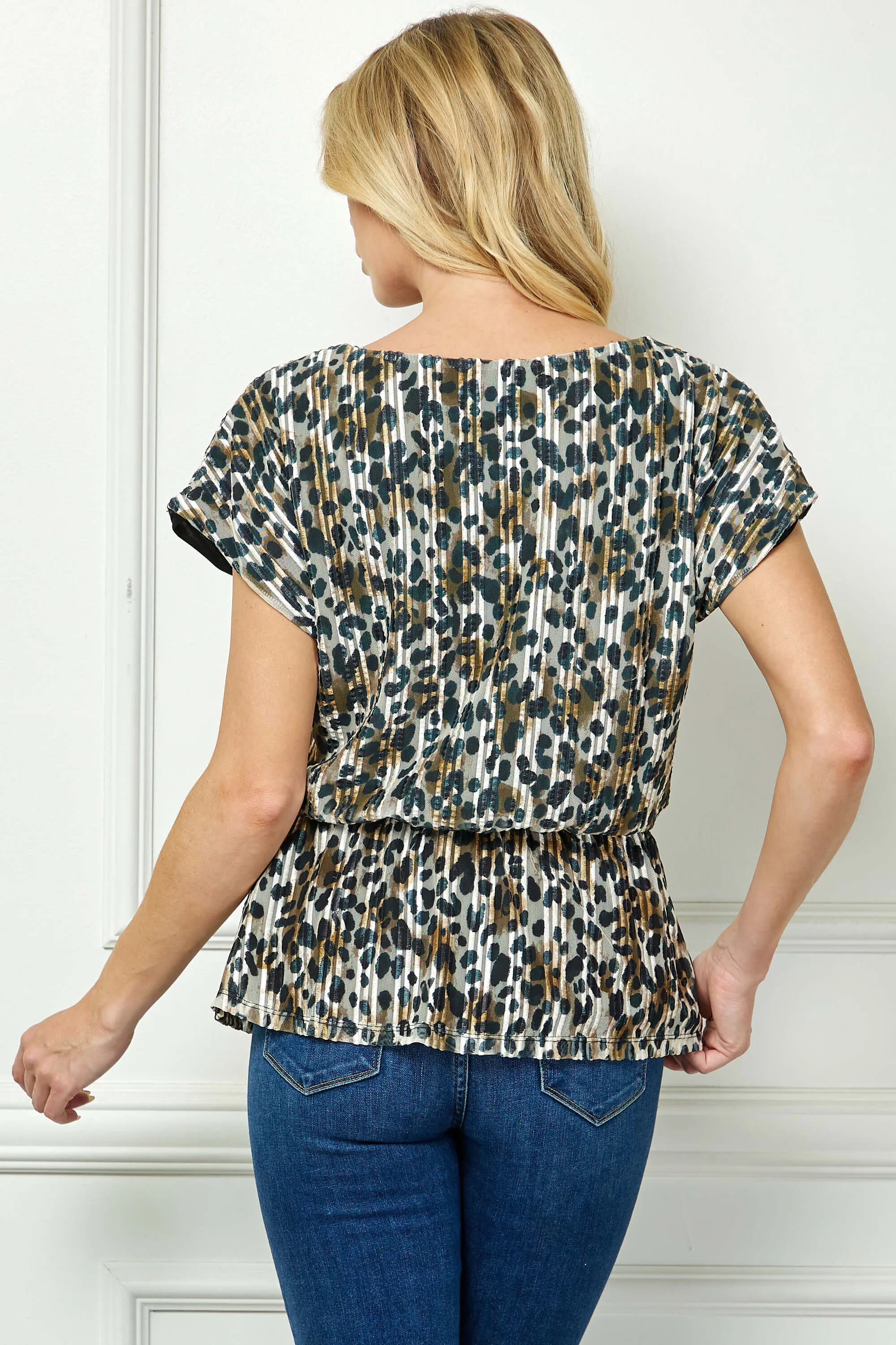 Short T-Sleeve Boat Neck Elastic Waist Lined Peplum Blouse in Tan/Black/Gray sold by Dress Barn product image thumbnail 4