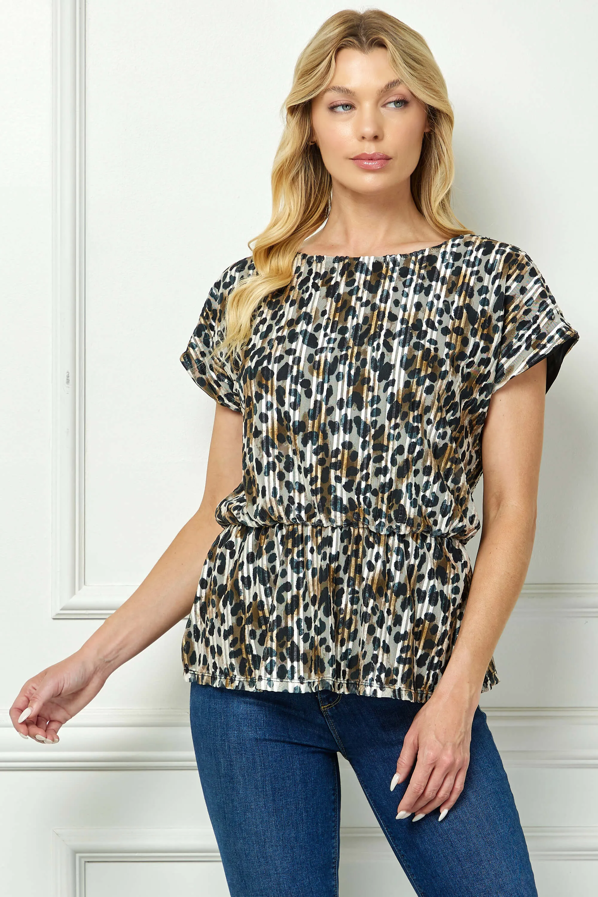Short T-Sleeve Boat Neck Elastic Waist Lined Peplum Blouse in Tan/Black/Gray sold by Dress Barn product image thumbnail 2