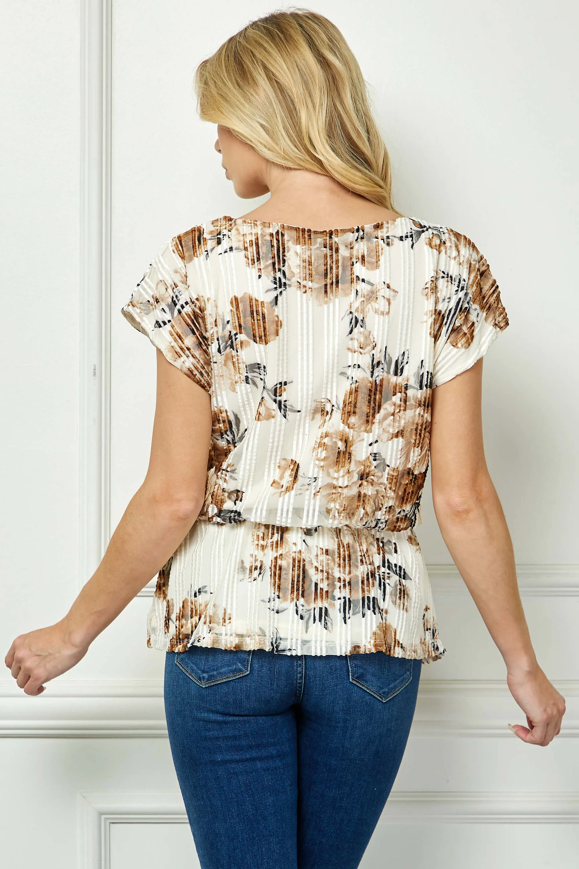 Short T-Sleeve Boat Neck Elastic Waist Lined Peplum Blouse in Ivory/Brown/Gray sold by Dress Barn product image thumbnail 4