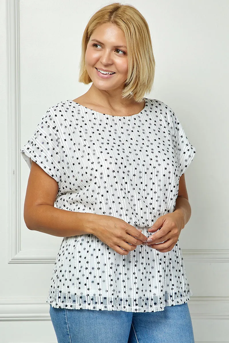 Short T-Sleeve Boat Neck Elastic Waist Lined Peplum Blouse - Ivory/Black - Plus sold by Dress Barn product image thumbnail 3