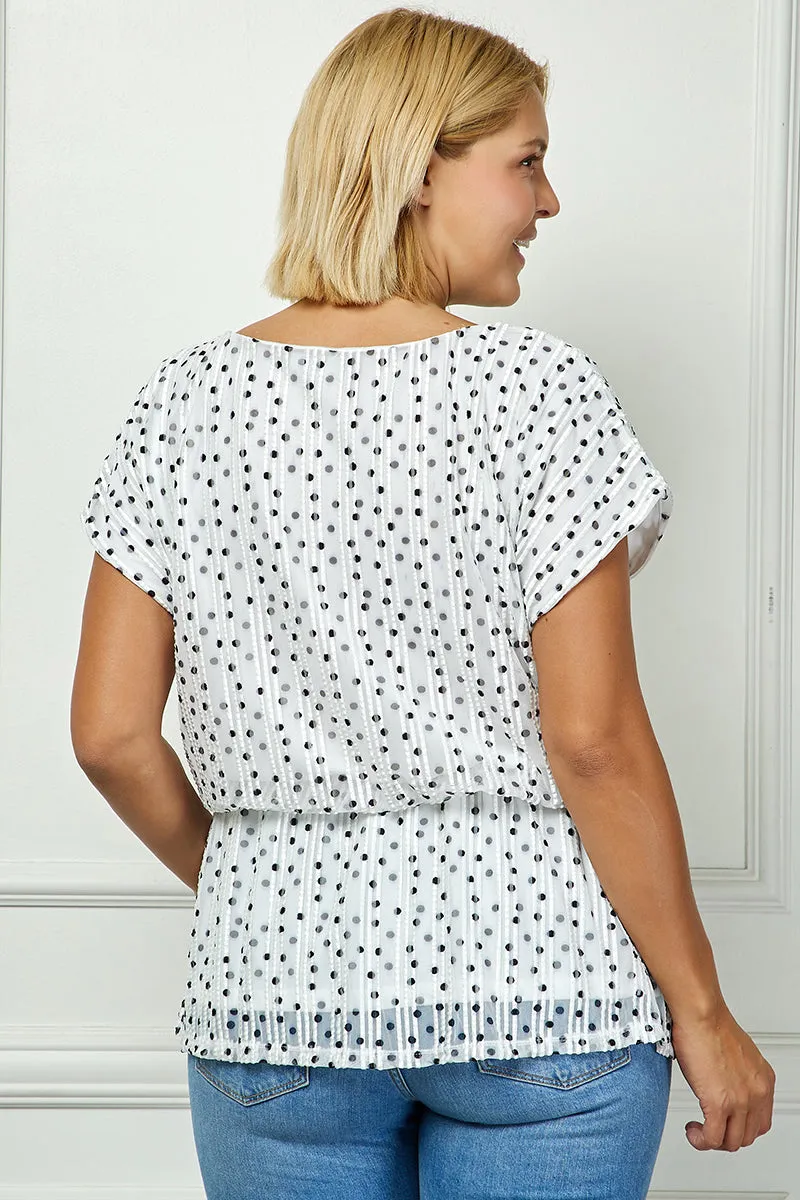 Short T-Sleeve Boat Neck Elastic Waist Lined Peplum Blouse - Ivory/Black - Plus sold by Dress Barn product image thumbnail 4