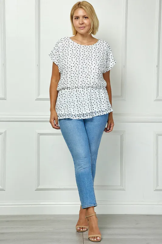 Short T-Sleeve Boat Neck Elastic Waist Lined Peplum Blouse - Ivory/Black - Plus made by Dress Barn