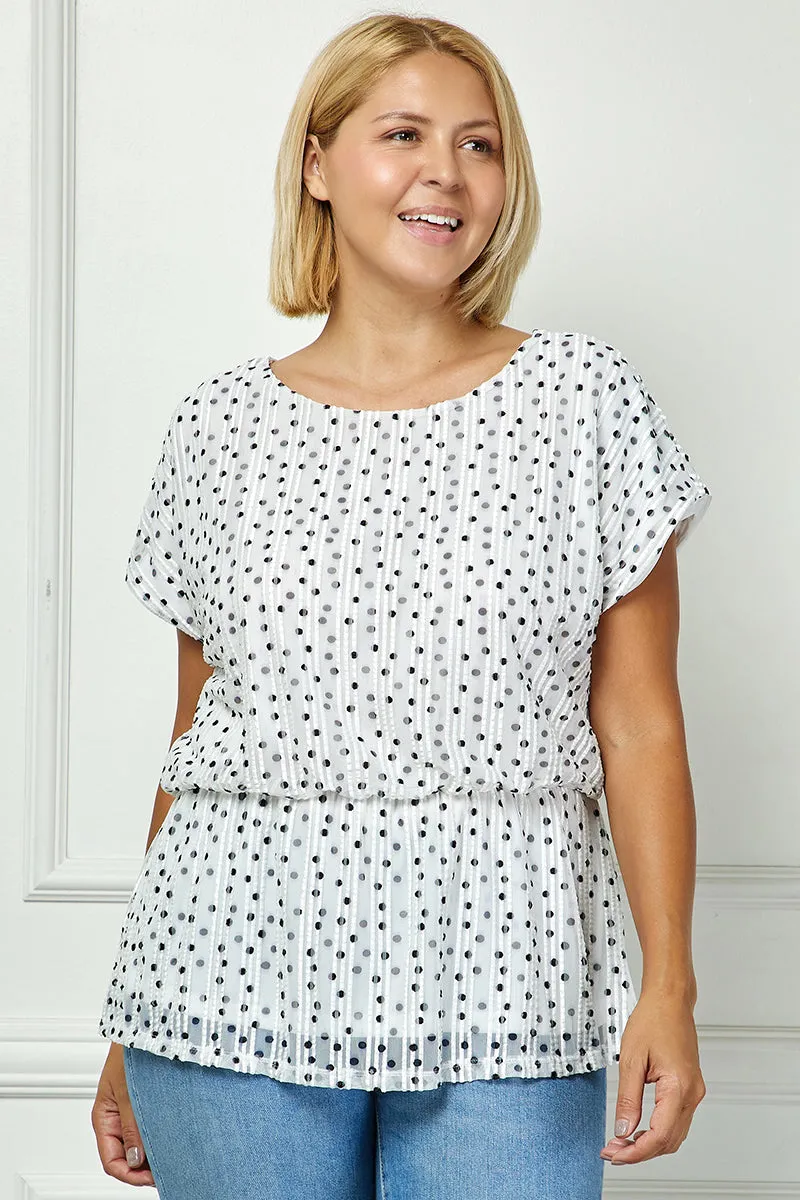 Short T-Sleeve Boat Neck Elastic Waist Lined Peplum Blouse - Ivory/Black - Plus sold by Dress Barn product image thumbnail 2