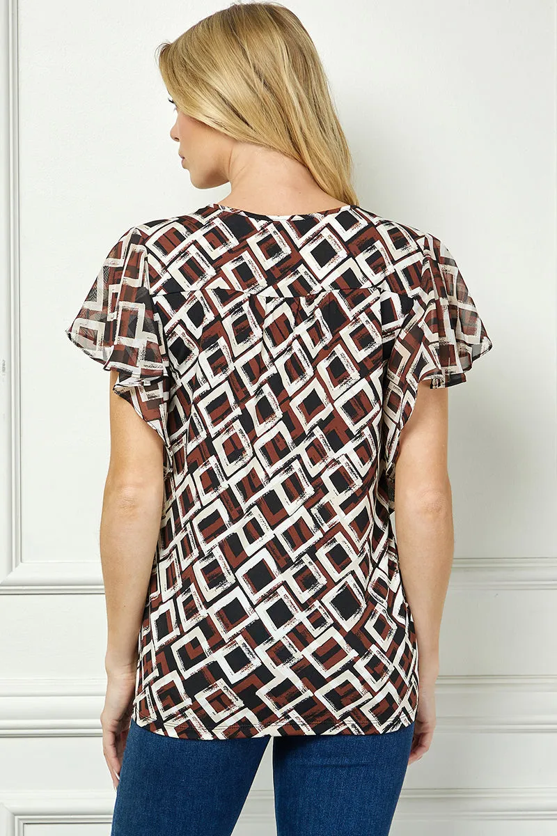 Short Flutter Sleeve Cutout Removable Trim Front Neck Mix Media Blouse In Tan/Brown/Black sold by Dress Barn product image thumbnail 4