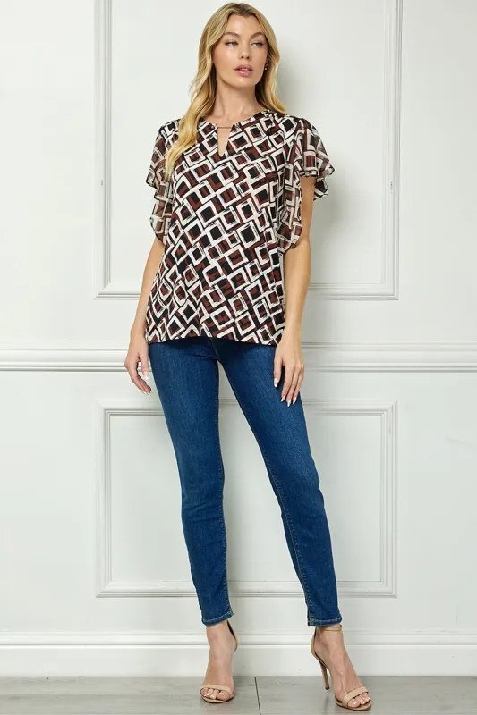 Short Flutter Sleeve Cutout Removable Trim Front Neck Mix Media Blouse In Tan/Brown/Black made by Dress Barn