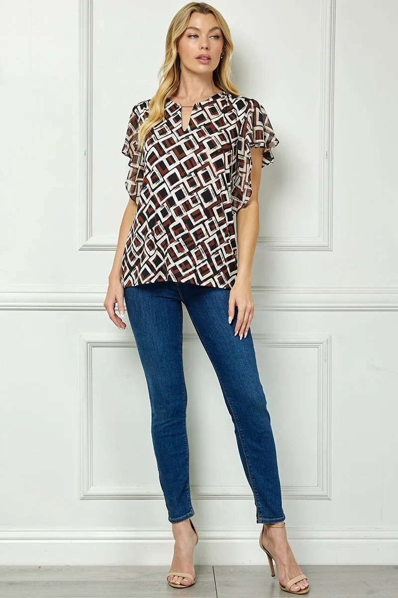 Short Flutter Sleeve Cutout Removable Trim Front Neck Mix Media Blouse In Tan/Brown/Black sold by Dress Barn