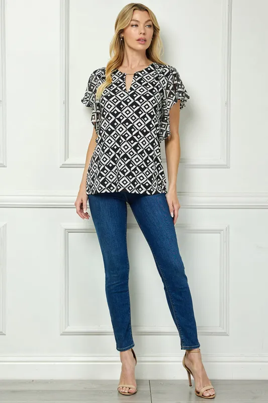 Short Flutter Sleeve Cutout Removable Trim Front Neck Mix Media Blouse - Ivory/Black/Ivory made by Dress Barn