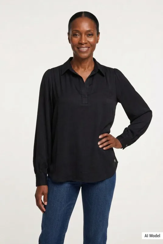 Long Puff Sleeve Satin Blouse - Black made by Dress Barn