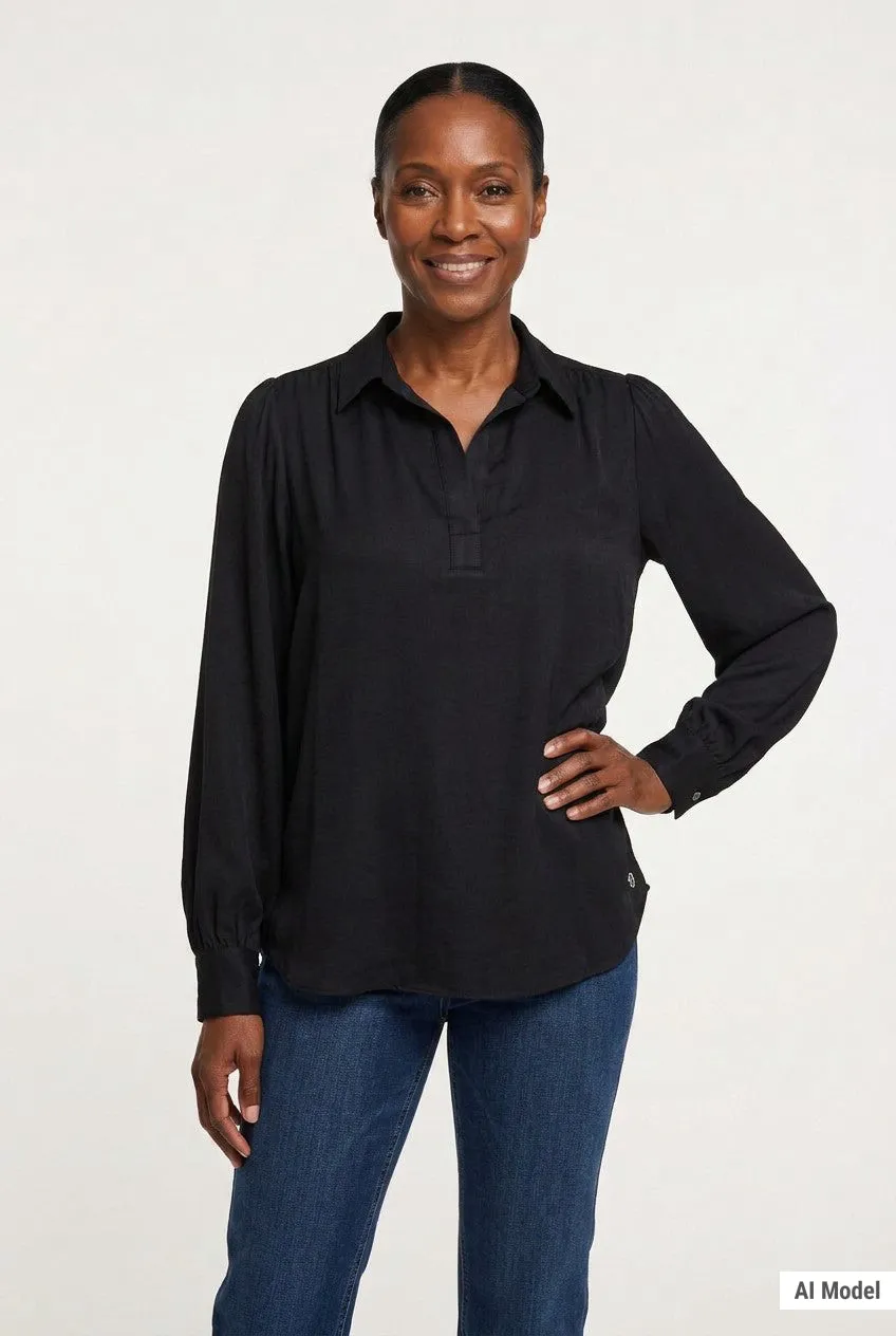 Long Puff Sleeve Satin Blouse - Black sold by Dress Barn