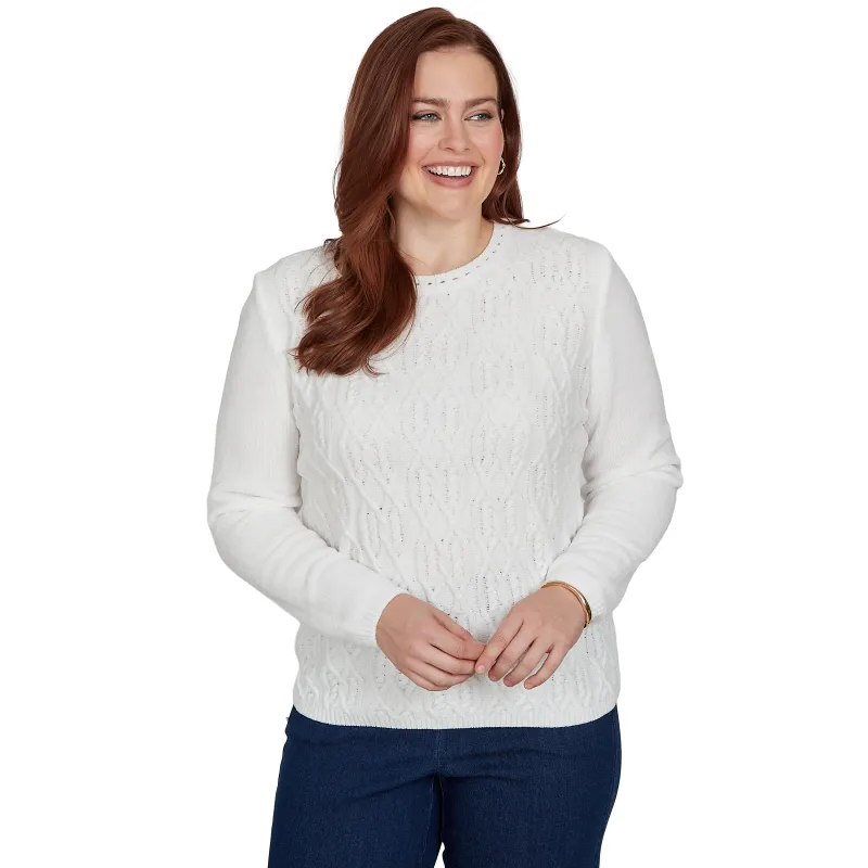 Alfred Dunner Cable Pullover Chenille Sweater - Ivory - Petite made by Dress Barn