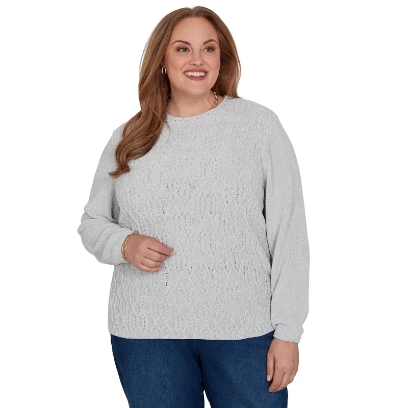 Alfred Dunner Cable Pullover Chenille Sweater - Grey - Plus made by Dress Barn