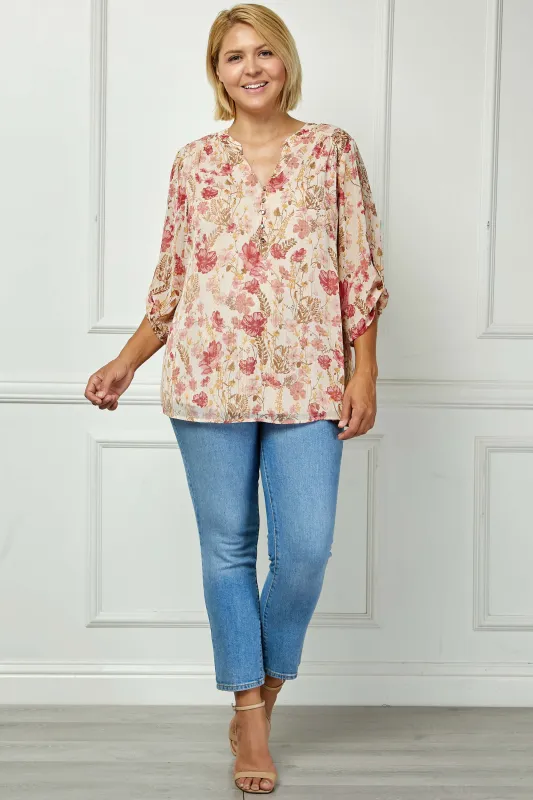 3/4 Button Tab Sleeve Covered Button + Loop Placket Front V-Ruffle Neck Dash Foil Overlay Popover Blouse made by Dress Barn