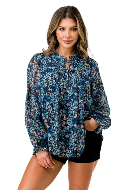 Pleats detail long sleeve pop over blouse with floral chiffon sold by Dress Barn