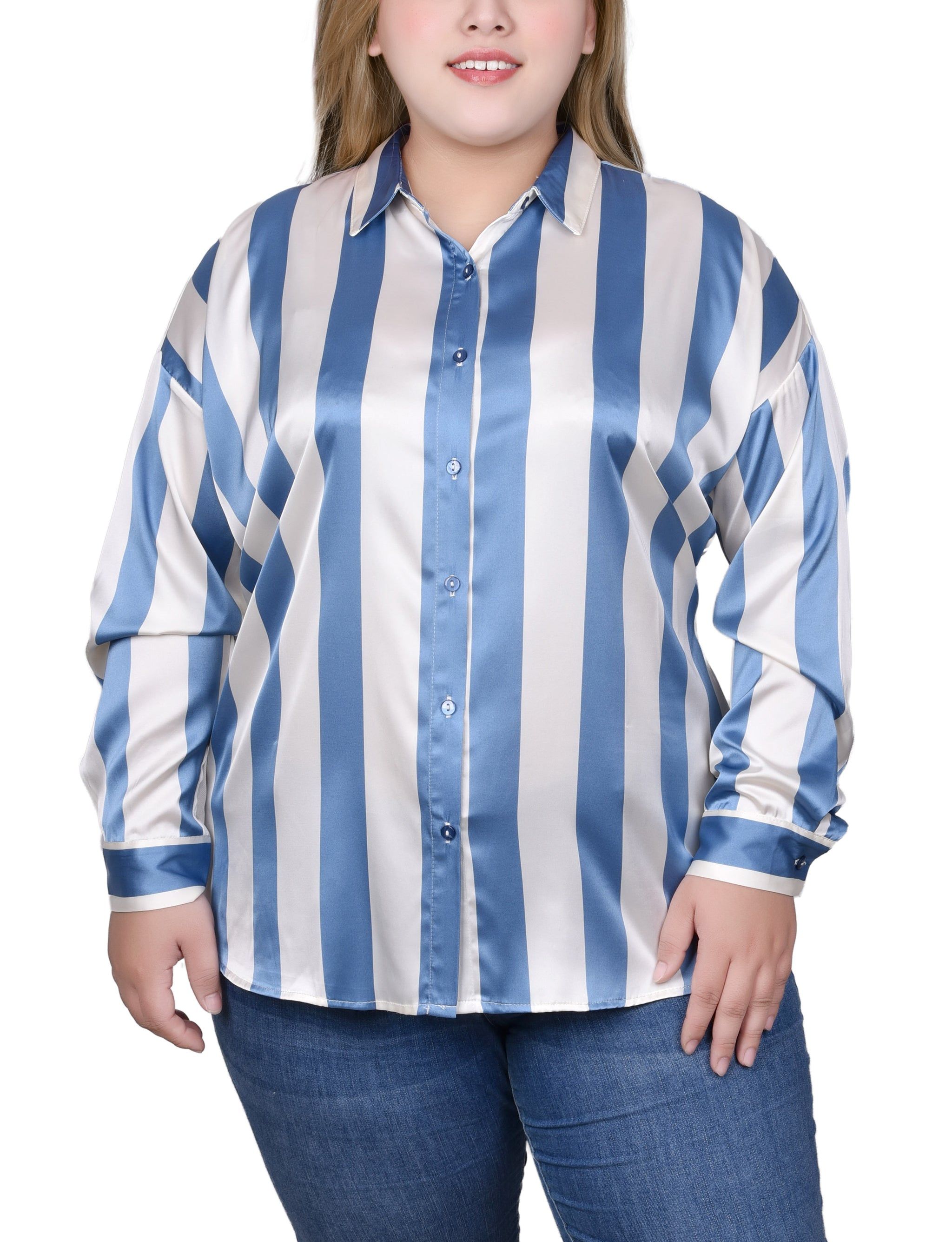 NY Collection Long Sleeve Striped Satin Blouse - Plus sold by Dress Barn
