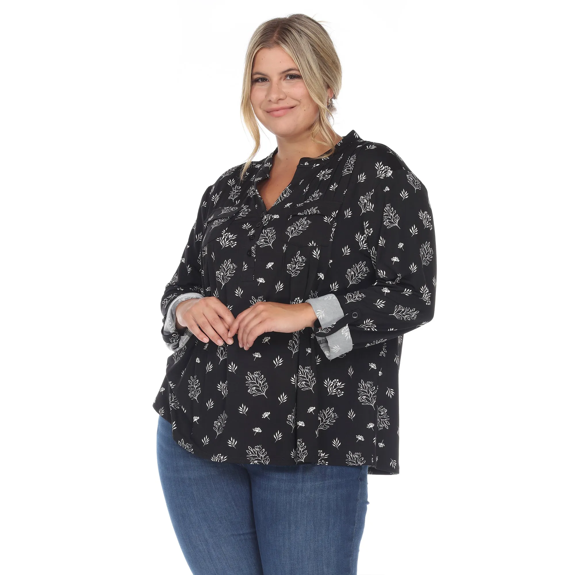 Pleated Long Sleeve Leaf Print Blouse - Plus sold by Dress Barn product image thumbnail 3