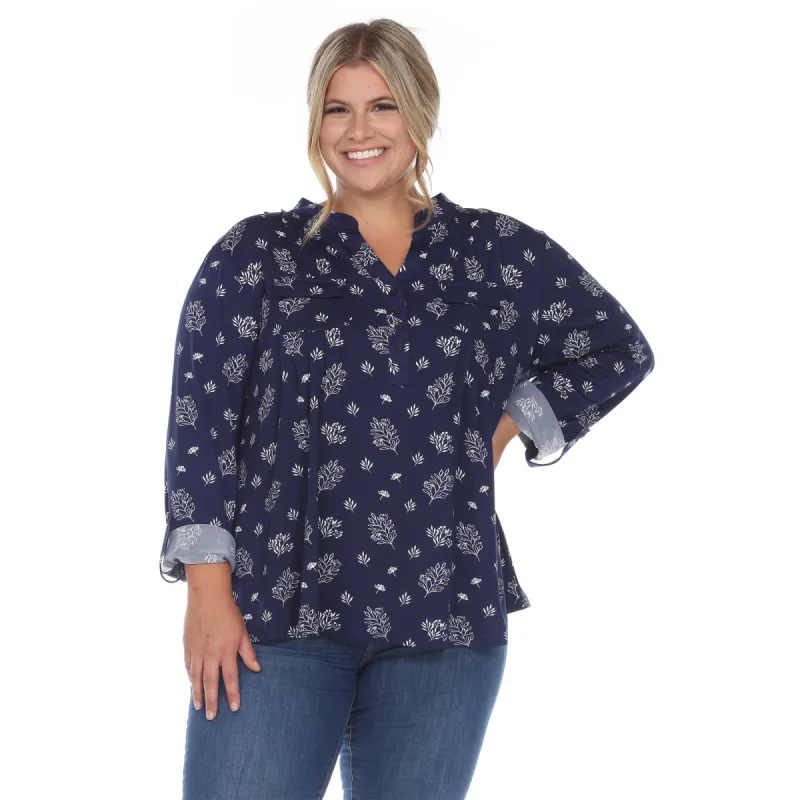 Pleated Long Sleeve Leaf Print Blouse - Plus sold by Dress Barn
